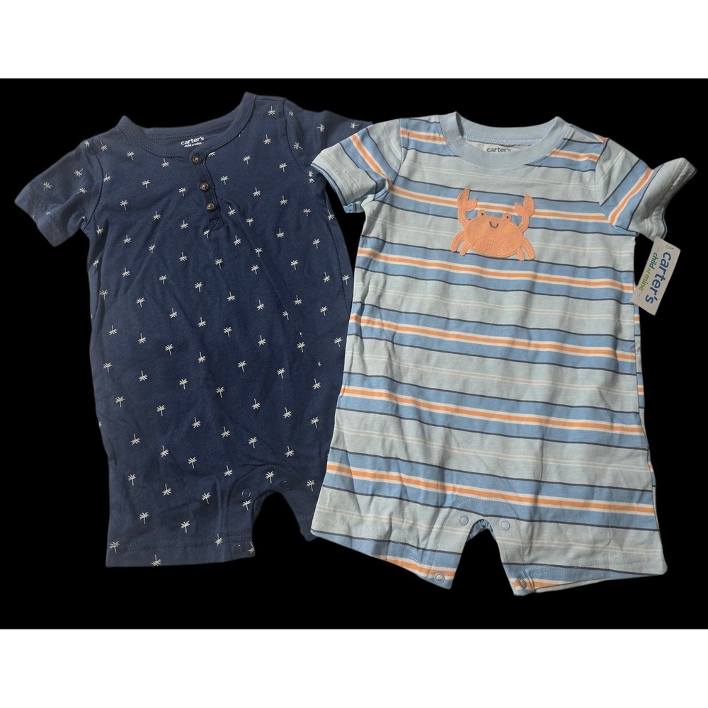 Carters Baby Boys 24M Rompers outfit 2 Pack Palm Tree Crab Blue Orange NEW